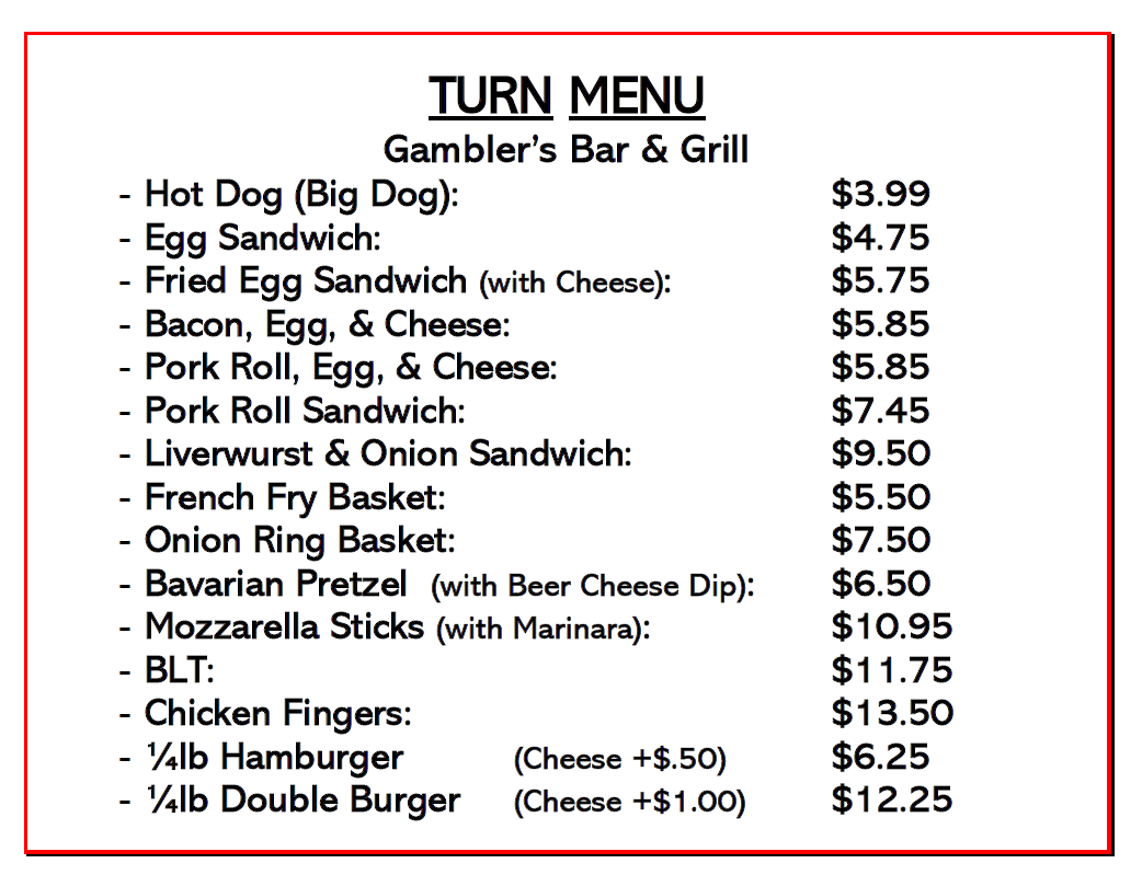 Turn Menu Gambler Ridge Golf Club